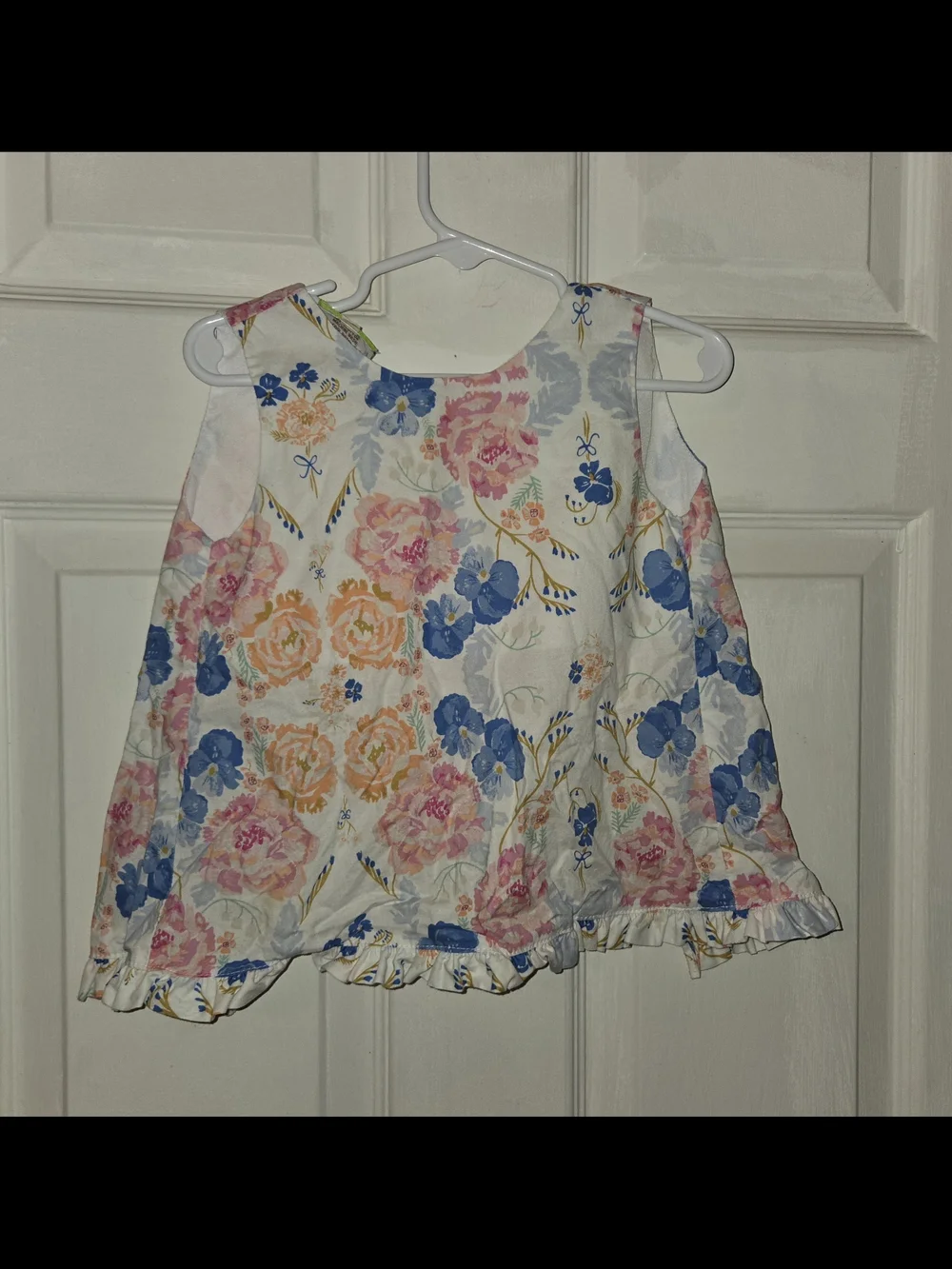 Le Za Me Girls Floral Ruffle Hem Tank - White with Pink & Blue Flowers Sz 24M